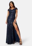 Goddiva Sequin Bardot Pleat Maxi With Split Navy L (UK14)