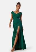 Goddiva Bardot Pleat Maxi Split Dress Dark green XS (UK8)