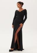 Goddiva Long Sleeve Bardot Pleat Maxi With Split Black XXS (UK6)