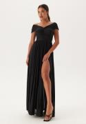 Goddiva Bardot Rouched Maxi Split Dress Black L (UK14)