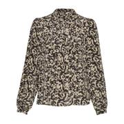 Feminin Rhian Top med Sort og Beige Print