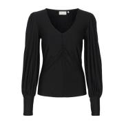 Svart V-hals Bluse med Puff-ermer