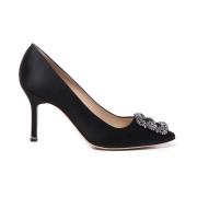 Sort Sateng Beveled Toe Pumps