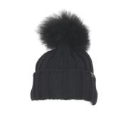 Ullblandet Ribbestrikket Vinterlue med Cashmere Pom Pom