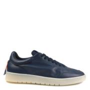 Navy Blue Skinn Sneakers med Farge Accents