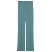 Teal Blue High-Waisted Wool Trousers med Horsebit-detalj