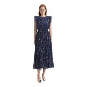 Marineblå Blomstrete Chiffon Midi Kjole