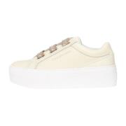 Beige Skinn Sneakers, Stilig Modell