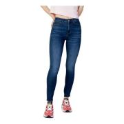 Blå Plain Zip Button Jeans Kvinner