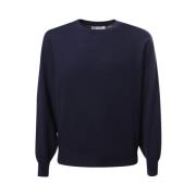 Blå Crew-Neck Sweater med Ribbestrikkede Mansjetter og Ruffle