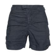 Blå Lin Poplin Draperte Shorts