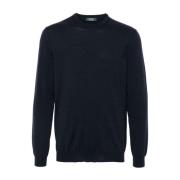 Blå Ullblanding Crew Neck Genser