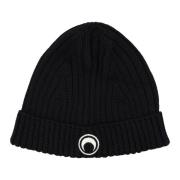 Svart Ull Beanie Lue Ribbestrikk