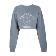 Blå Hvit Cropped Crewneck Sweatshirt