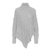 Lys Grå Melange Turtleneck Poncho Strik