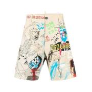 Multifarget Graffiti Print Knelengde Beige Chino Shorts