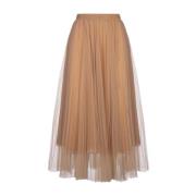 Brun Tulle Midi Skjørt Elastisk Midje