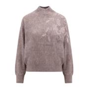 Beige T-Neck Sweater med Ramage Broderi