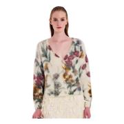 Offwhite Blomstrete Cardigan med Diamantknapper