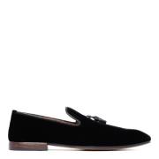 Svarte Velvet Loafers Frynse Detalj