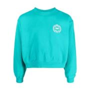 Teal Blå og Hvit Motiv Print Sweatshirt