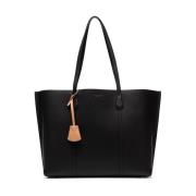 Svart skinn Triple-Compartment Tote Bag