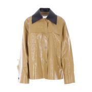 Beige Resin Linen Coat med skinnkrage