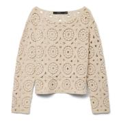 Beige Båthals Strikket Pullover Genser