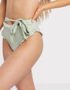 NA-KD high-waist frill detail bikini brief in light khaki-Green