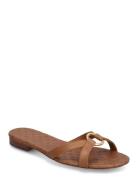 Emmy Burnished Leather Slide Sandal Flate Sandaler Brown Lauren Ralph ...