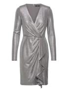 Metallic Knit Surplice Cocktail Dress Knelang Kjole Silver Lauren Ralp...