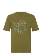 Linen Blend Front Artwork T-Shirt Tops T-shirts Short-sleeved Green Sc...