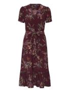 Floral Jersey Surplice Puff-Sleeve Dress Knelang Kjole Burgundy Lauren...