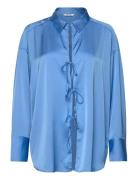 Tiedetail Relaxed Satin Shirt Tops Shirts Long-sleeved Blue Monki