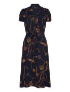 Print Belted Georgette Puff-Sleeve Dress Knelang Kjole Navy Lauren Ral...