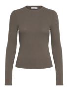 Ribbed Long-Sleeved T-Shirt Tops T-shirts & Tops Long-sleeved Khaki Gr...