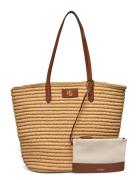 Leather-Trim Straw Large Brie Tote Bag Shopper Veske Beige Lauren Ralp...