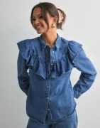 Only - Blå - Onlindigo Ls Frill Dnm Shirt Qyt No
